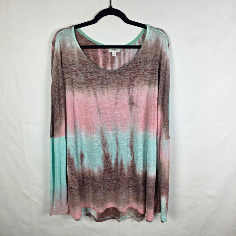 Umgee Tie‎ Dye Burnout Long Sleeve Top Pink Green Brown A1152 Womens Large